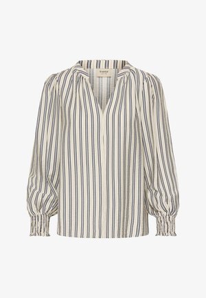 Blusa de manga larga a rayas con escote en V, confeccionada en una tela ligera en tonos crema y azul oscuro, con mangas abullonadas recogidas y puños elásticos.
