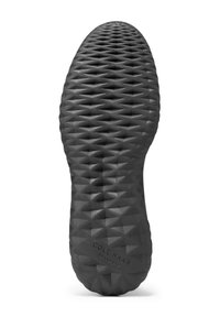 Černá gumová podrážka boty s texturačním diamantovým vzorem, obsahující embosovaný text "COLE HAAN GRAND360" blízko paty.