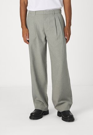 Light gray pleated trousers with a straight-leg design, made from a textured fabric. Features a waistband and side pockets.