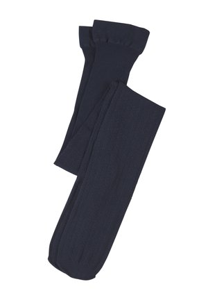 Paar dunkelmarinefarbener langer Stricksocken mit gerippten Bündchen und strukturiertem Diamantmuster, flach gefaltet auf weißem Hintergrund.