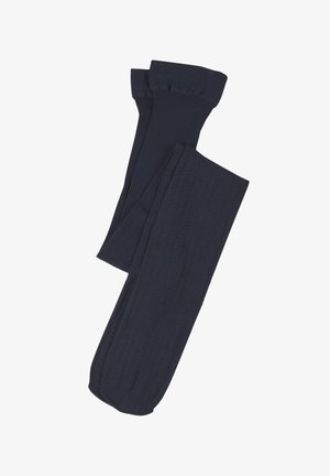 Paar dunkelmarinefarbener langer Stricksocken mit gerippten Bündchen und strukturiertem Diamantmuster, flach gefaltet auf weißem Hintergrund.