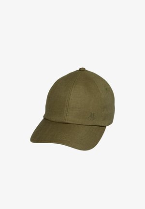 Olive green fabric baseball cap with curved brim and small embroidered "MOP" logo on front right panel.