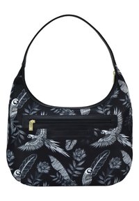 Hobo-Tasche aus schwarzem Stoff mit einem weißen botanischen und Papageien-Print. Enthält eine Reißverschlusstasche mit goldenen Beschlägen und Akzenten aus Kunstleder.