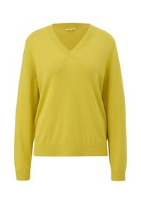 Gelber Strickpullover mit V-Ausschnitt, langen Ärmeln und gerippten Bündchen. Weiche Textur und lässiger Schnitt. Keine sichtbaren Muster oder Hardwaredetails.