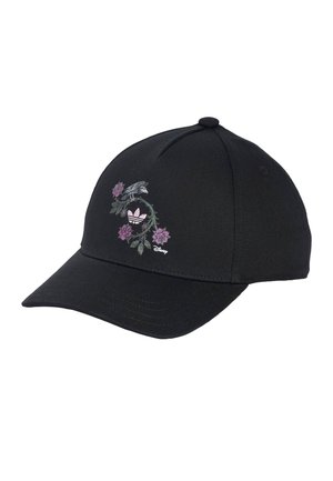 Gorra de béisbol negra con el logo trefoil de Adidas en rosa, rodeado de flores moradas bordadas y hojas verdes, con pequeño texto de Disney.