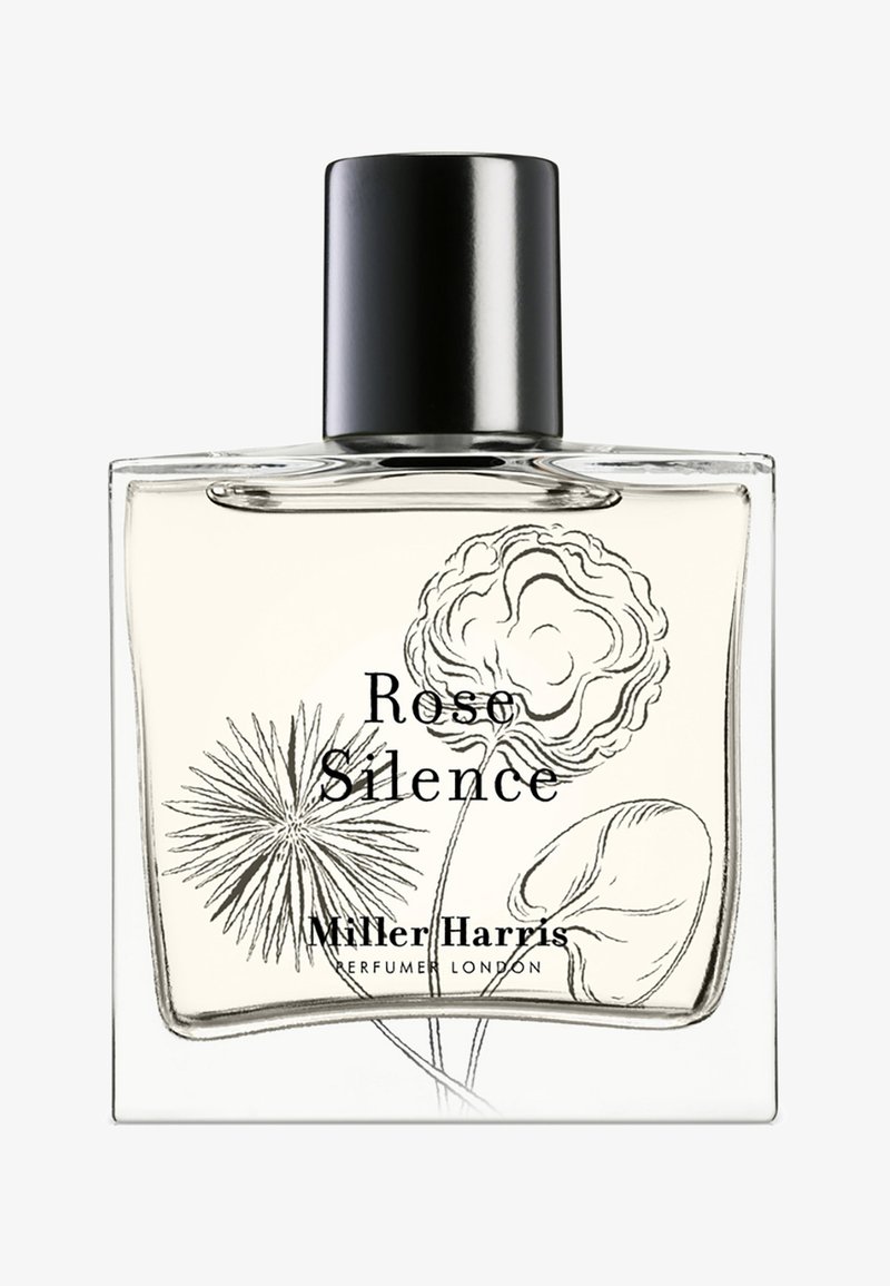 Klares rechteckiges Parfümfläschchen mit schwarzem Deckel, beschriftet mit "Rose Silence", floralen Illustrationen und dem Text "Miller Harris Perfumer London".