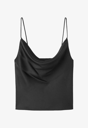 Črna satenska majica s tankimi nastavljivimi naramnicami; ima drapiran dekolte in gladko, mehko teksturo. Enostavna, prilega se oblikam.