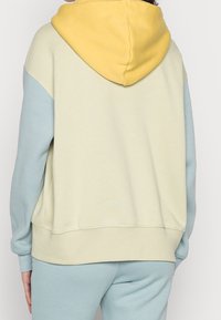 Felpa con cappuccio pastello con cappuccio giallo, corpo verde chiaro e maniche blu. Tessuto morbido con polsini e bordo a coste. Design casual.