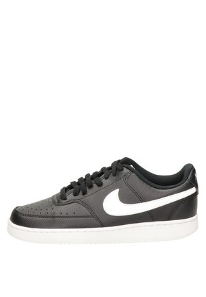 Baskets basses noires avec semelle blanche et logo Nike Swoosh blanc sur le côté, lacets noirs et col rembourré.