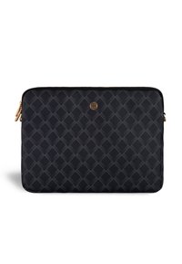 Schwarze Laptop-Sleeve aus strukturiertem Material mit einem Rautenmuster, goldenen Hardware-Akzenten und einem Reißverschluss an der Oberseite.