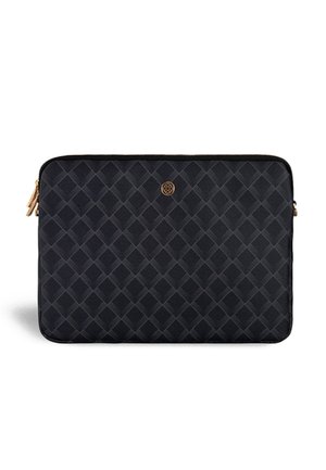 Black laptop sleeve made of textured material featuring a diamond pattern, gold hardware accents, and a zip closure along the top.