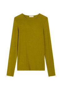Langarmshirt in olivgrün, aus weichem Stoff, mit einem runden Halsausschnitt und einem lässigen Schnitt ohne Muster oder Akzente.