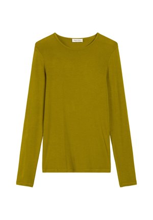 Langsleeve top in olijfgroen, gemaakt van zachte stof, met een ronde halslijn en een relaxte pasvorm zonder patronen of accenten.
