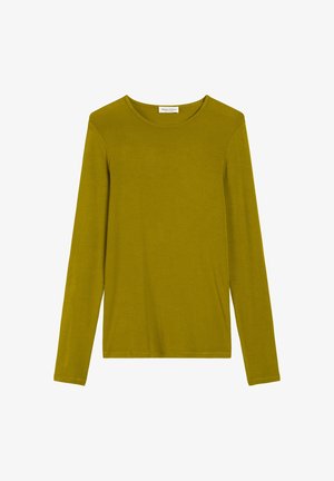 Langarmshirt in olivgrün, aus weichem Stoff, mit einem runden Halsausschnitt und einem lässigen Schnitt ohne Muster oder Akzente.