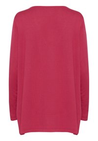 Dlhý rukáv top v jednotnej tmavorožovej farbe. Disponuje širokým výstrihom a voľným strihom. Hladká textúra, rovný lem a bočné rozparky pre pohodlný pohyb.