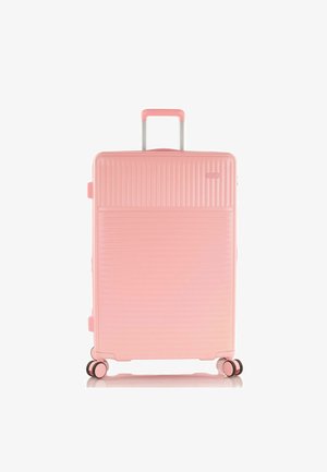Rosa Hartschalenkoffer mit strukturierten Streifen, ausziehbarem Griff und 360-Grad-Rädern. Verfügt über einen Seitengriff und ein Markenlogo.