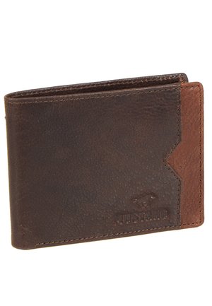 Dunkelbraune Lederbörse mit einer strukturierten Oberfläche, ausgestattet mit einem helleren braunen Akzent. Enthält sichtbares Markenlogo und klassisches Falt-Design.
