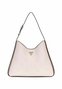 Borsa hobo color crema, realizzata in materiale testurizzato, con un delicato motivo logo embossato, bordi neri e una tracolla staccabile.