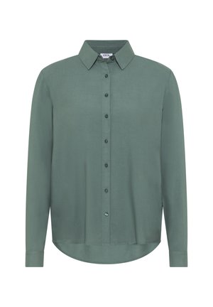 Camicia verde a maniche lunghe con colletto a bottoni, bottoni frontali e orlo arrotondato. Realizzata in un tessuto leggero e liscio.