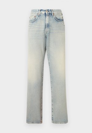 Lichtblauwe skinny jeans van denim, met een vervaagde wassing, vijf zakken en een zichtbare tailleband met riemlussen.