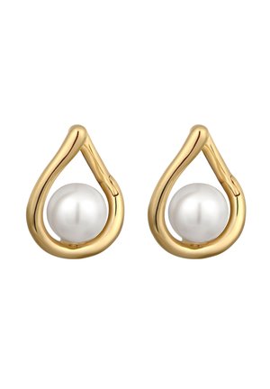 Gold teardrop-shaped earrings each with a single white pearl centered inside the open frame, set against a white background.