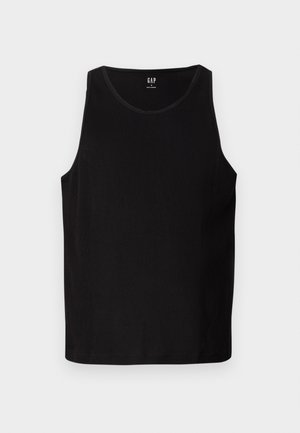 Black ribbed tank top with wide armholes and a rounded neckline. Features a smooth fabric texture and subtle logo on the front.