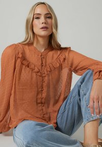 Sheer, rust-colored blouse with a ruffled yoke, rounded collar, and button front. Textured fabric features subtle patterns.
