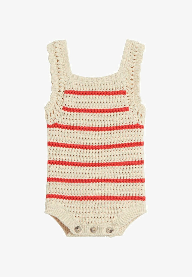 Romper niemowlęcy w kolorze kremowym w czerwone paski poziome. Posiada falbaniaste ramiączka oraz trzy guziki u dołu.