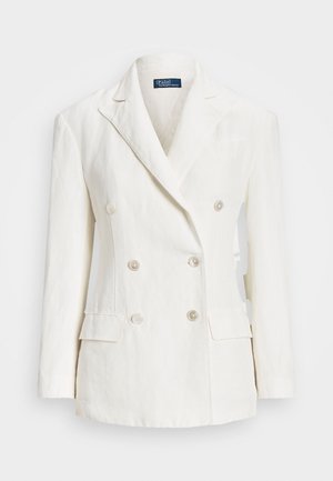 Dvoubarevný lněný blejzr v krémové barvě. Má klopové límce, dvě přední kapsy a šest světlých knoflíků vpředu.