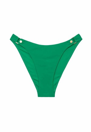 Zelené bikini nohavičky so zlatými gombíkmi na každej strane, zobrazené rozložené na bielom pozadí.