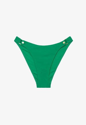 Zelené bikini nohavičky so zlatými gombíkmi na každej strane, zobrazené rozložené na bielom pozadí.