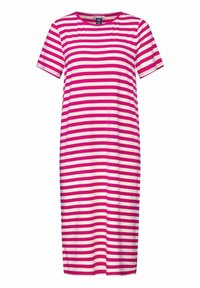 Sukienka bawełniana w paski, z krótkimi rękawami, z naprzemiennymi poziomymi paskami w kolorze fuksji i białym, z okrągłym dekoltem i długością do kolan.