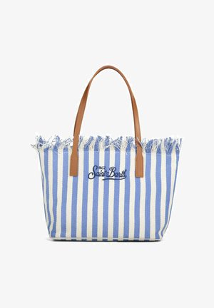 Borsa tote a righe blu e bianco con manici in pelle color tabacco e bordo superiore con frange, ricamata con "MC2 Saint Barth" sul davanti.