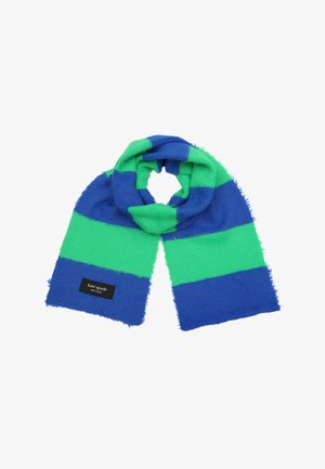 Mėlyna ir žalia dryžuota skara, pagaminta iš švelnaus, pūkuoto materiālo. Su juodu etiketė, pažymėta "kate spade New York". Kraštai sutrinti.