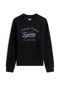 Felpa nera in cotone, con colletto rotondo. Il testo anteriore include "Authentic Original", "Tommy" e "New York City" in scritta viola.