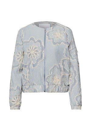 Veste zippée à rayures bleu clair et blanc avec motifs floraux brodés crème et poignets et ourlet élastiques.