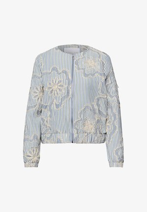 Chaqueta con cremallera de rayas azul claro y blanco, con patrones florales bordados en crema y puños y dobladillo elásticos.