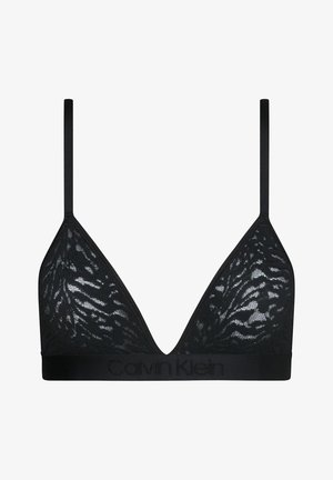 Svart spets-bra med triangelformade kupor, som har ett texturerat mönster och ett brett band med präglad Calvin Klein-logotyp.