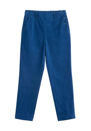 Pantalons en corduroy bleu avec une coupe droite, deux poches latérales et trois boutons décoratifs à la taille. Texture douce et poids moyen.