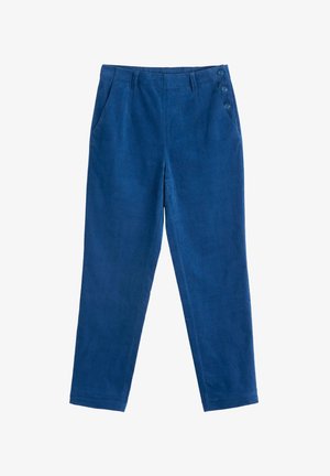 Niebieskie spodnie sztruksowe o prostym kroju, z dwoma bocznymi kieszeniami i trzema ozdobnymi guzikami w pasie. Miękka tekstura i średnia waga.