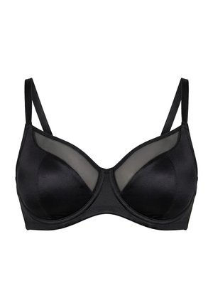 Black underwire bra with adjustable straps and semi-sheer mesh panels on the upper cups, smooth fabric on the lower cups.