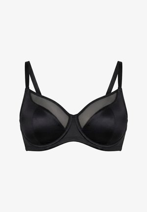 Black underwire bra with adjustable straps and semi-sheer mesh panels on the upper cups, smooth fabric on the lower cups.