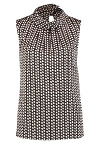 Ärmelloses Top aus schwarzem Stoff mit einem weißen geometrischen Muster. Das Design umfasst einen hohen Kragen mit einer Schlüsselkerbe am Hals.