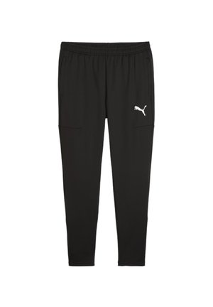 Schwarze Sporthose mit elastischem Bund, zwei seitlichen Taschen und einem kleinen weißen Logo am linken Oberschenkel. Glatte Stoffoberfläche.