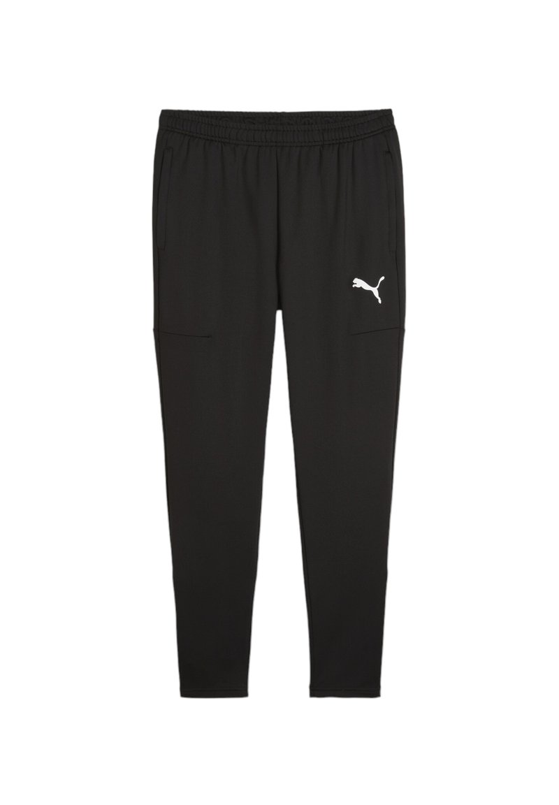 Zwarte sportbroek met een elastische tailleband, twee zijzakken en een klein wit logo op de linker dij. Glad textiel.