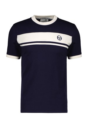 Marineblauwe katoenen T-shirt met witte horizontale strepen, ronde hals en een klein logo op de borst. Korte mouwen met contrasterende geribbelde manchetten.