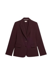 Blazer su misura viola scuro con rever a scollo, due bottoni frontali, tasche con pattina e maniche lunghe, posato su uno sfondo bianco.