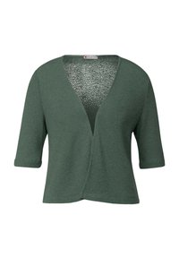 Cardigan en tricot vert avec des manches courtes et un décolleté en V profond. Tissu texturé et design à front ouvert avec une coupe décontractée.