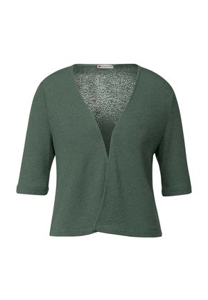 Cárdigan verde de punto con manga corta y escote en V pronunciado. Tejido texturizado y diseño abierto en la parte delantera con un corte holgado.