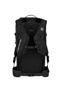 Black backpack with adjustable straps, zippered front pockets, and a sleek design. Features durable material and a padded back support.